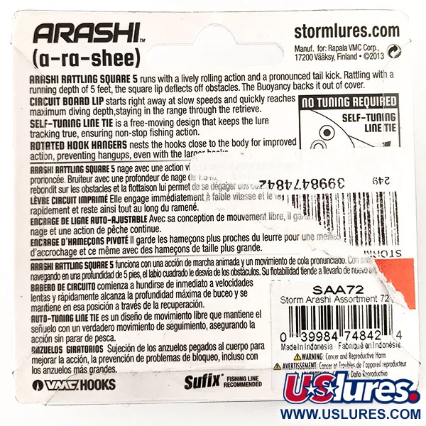 Storm Arashi Rattling Square 5 Wobbler, Black Chartreuse Shad, 18g, #11335