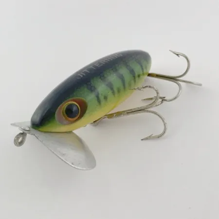 Fred Arbogast Jitterbug, Early Bug Eye, 14g, Green Tiger, Ytbete #23902