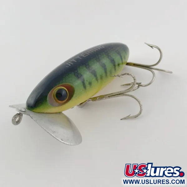 Fred Arbogast Jitterbug, Early Bug Eye, 14g, Green Tiger, Ytbete #23902