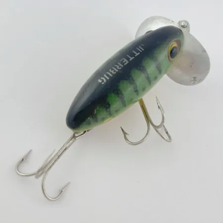 Fred Arbogast Jitterbug, Early Bug Eye, 14g, Green Tiger, Ytbete #23902