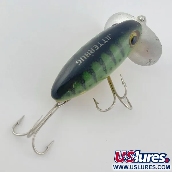 Fred Arbogast Jitterbug, Early Bug Eye, 14g, Green Tiger, Ytbete #23902