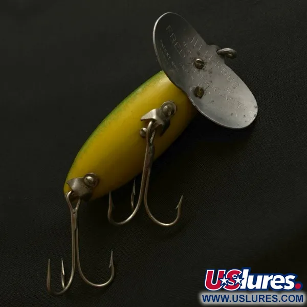 Fred Arbogast Jitterbug, Early Bug Eye, 14g, Green Tiger, Ytbete #23902