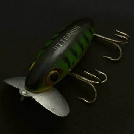 Fred Arbogast Jitterbug, Early Bug Eye, 14g, Green Tiger, Ytbete #23902