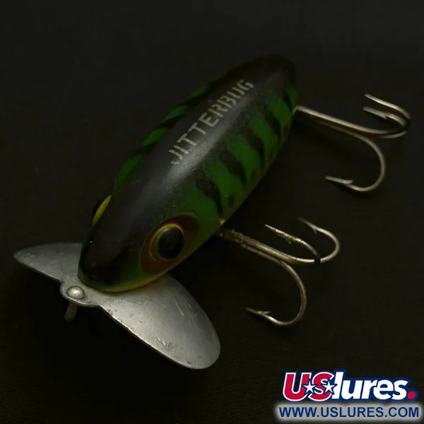 Fred Arbogast Jitterbug, Early Bug Eye, 14g, Green Tiger, Ytbete #23902