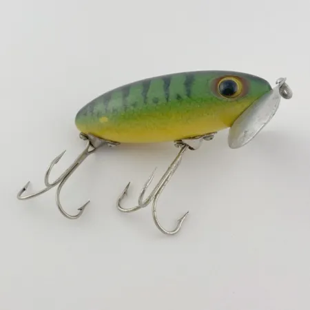 Fred Arbogast Jitterbug, Early Bug Eye, 14g, Green Tiger, Ytbete #23902